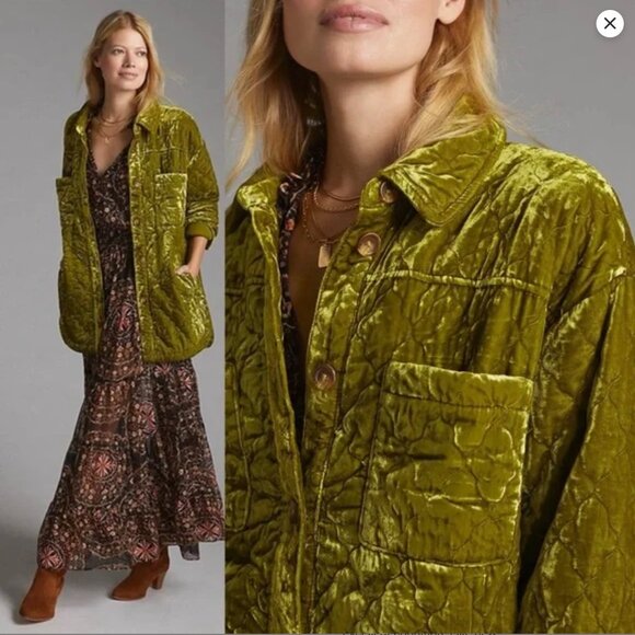 Crushed green velvet Shirt-Jacket ANTHROPOLOGIE Sz Large NWOT  Chartreuse - Picture 2 of 10